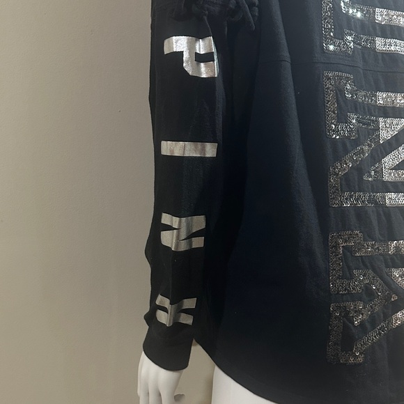 Large Victoria Secret Pink” Woman’s Black Long Sleeve W/ Silver Sequin Lettering - Picture 2 of 7